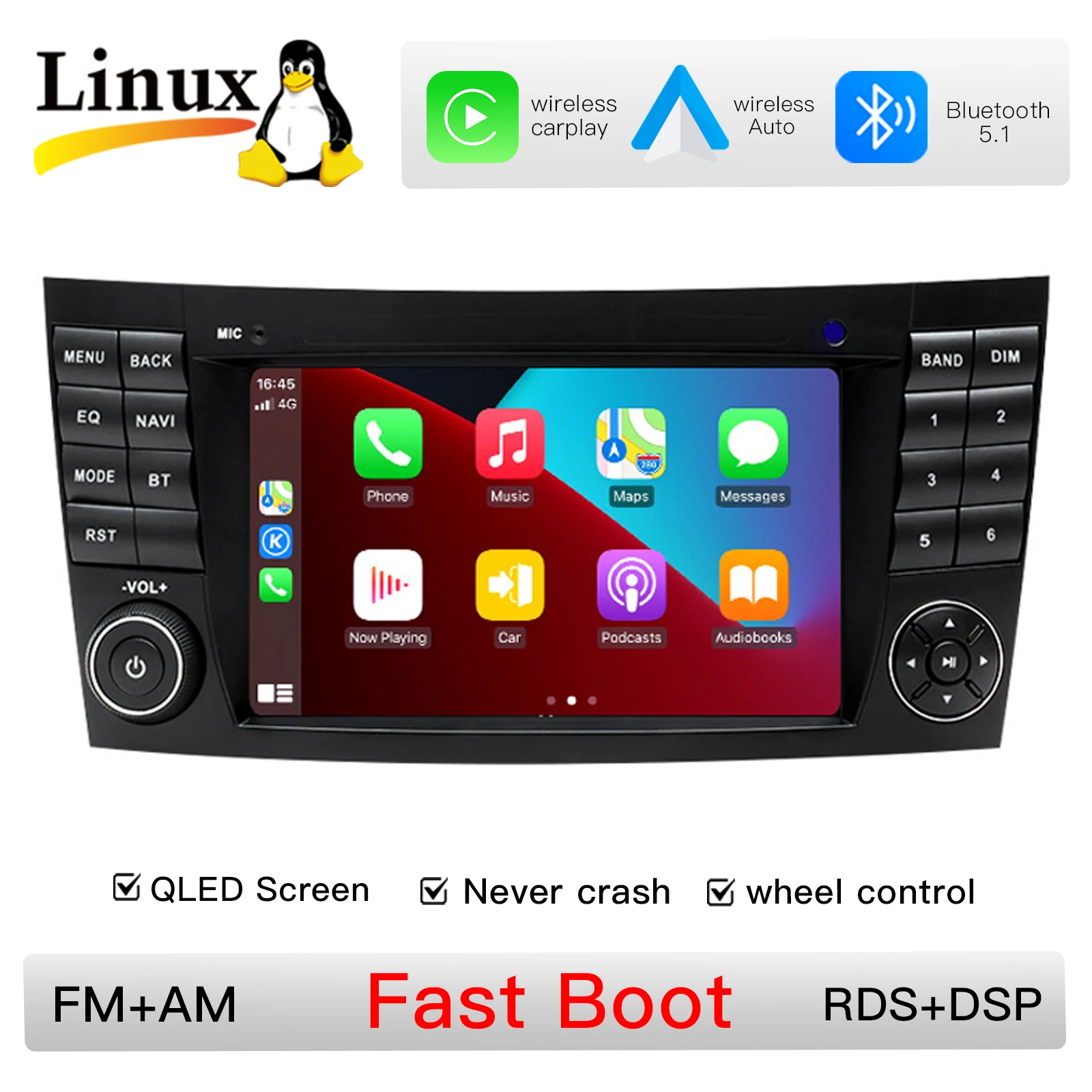 7" 2DIN 1280*720 Linux autoradio voor Mercedes Benz W203 W639 W168 Vaneo Clk Vito W209 W210 M/ML met draadloze CarPlay, Android Auto, multimedia-speler, GPS-navigatie, FM RDS, DSP, achteruitrijcamera,