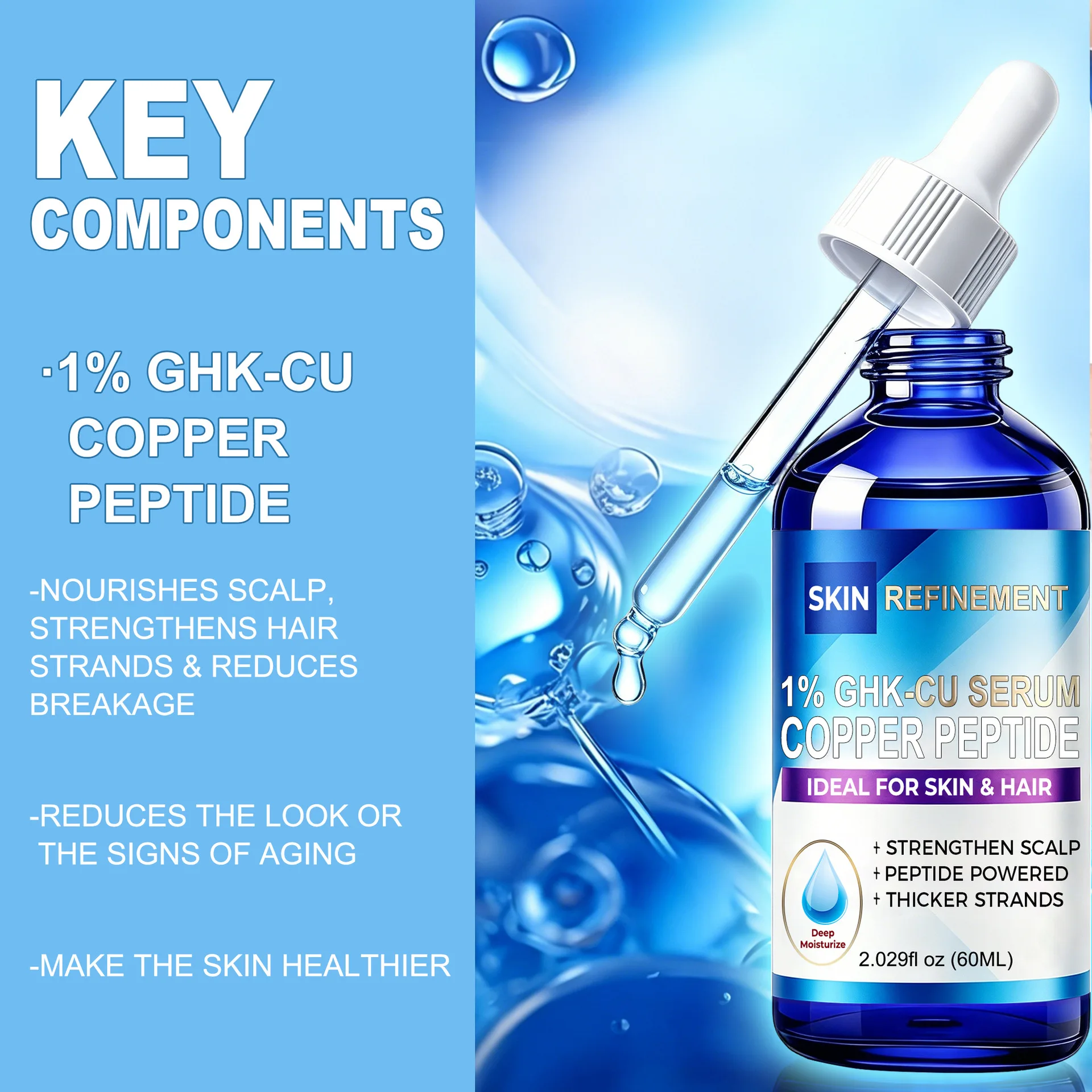 1% GHK-Cu Copper Peptide Serum – 60ml. Dual-use Formula for Face and Hair. Strengthens Scalp, Thickens Strands, and Reduces Brea