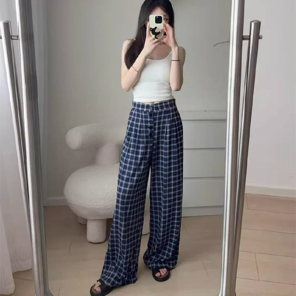 2024 American Retro Women Open Buttons High Waist Tailored Straight Trousers Checked Blue Plaid Wide Leg Pants Korea Clothes