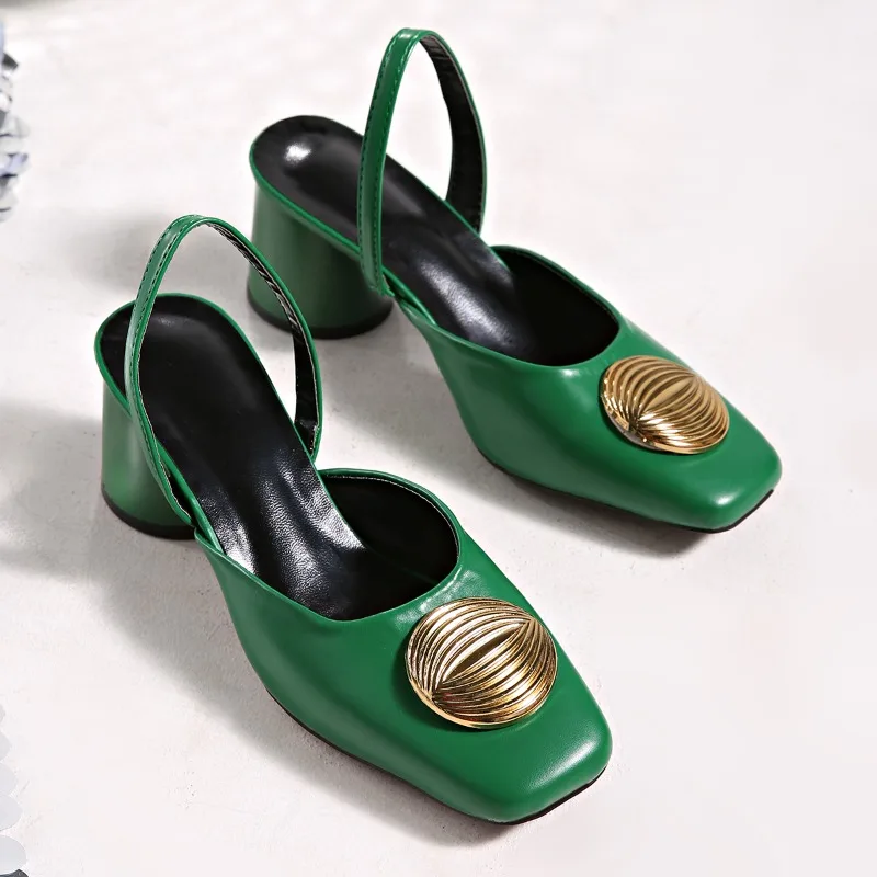 

Women's Round Heel Sandals Cover Toe One-line Buckle Metal Decoration Shoes Women Dress 2025 Elegant One Kick Sandalias De Mujer