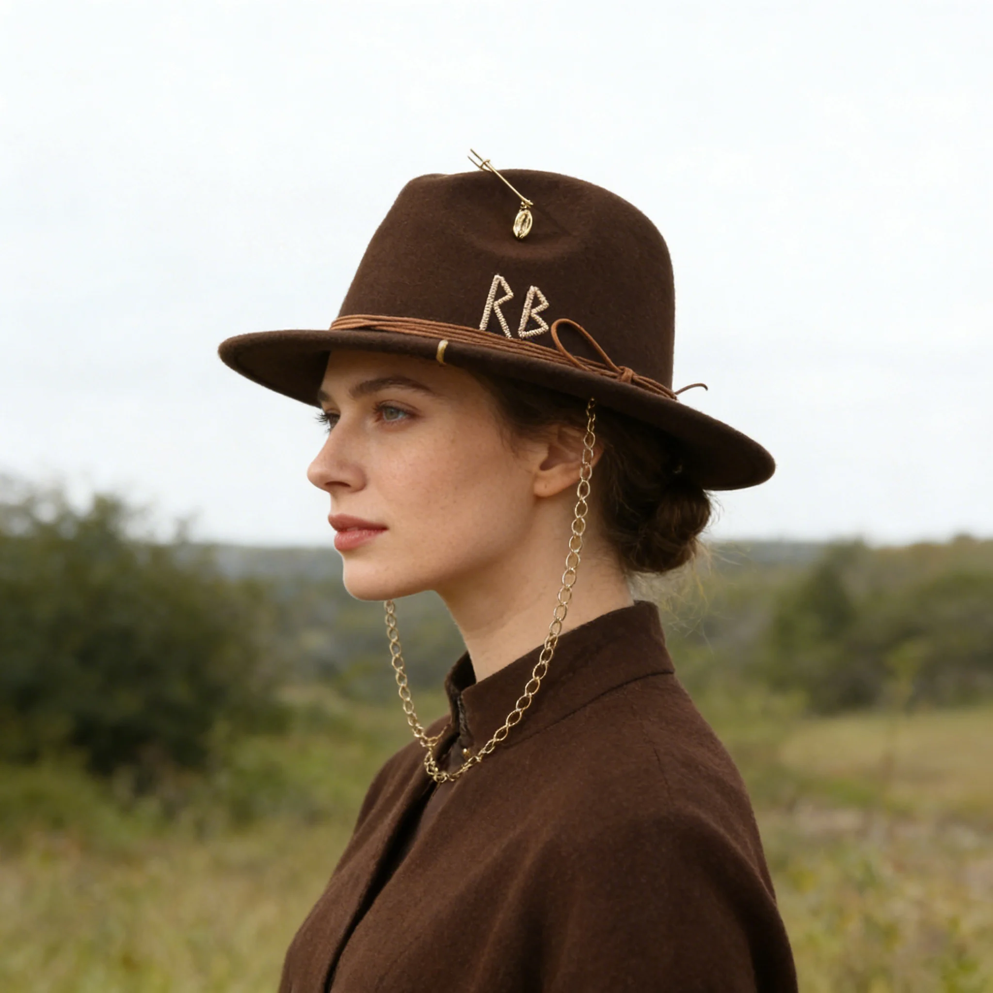 

Russian Style Fedora Hat with Pearl Chain Metal Shells Felt Cowboy Hat for Autumn Winter Women Fashion Womens Wide Brim Hat