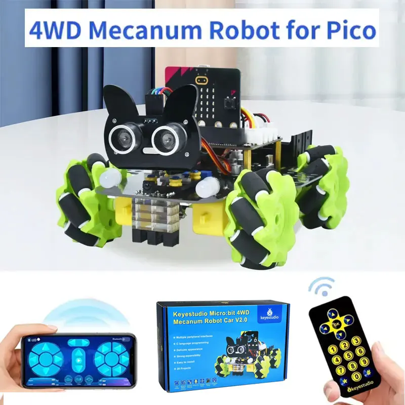 Keyestudio 4WD Mecanum Robot Car Kit Micro:bit V2 STEM Toy con codificación de pitón, Control remoto, funciones inteligentes para educación DIY