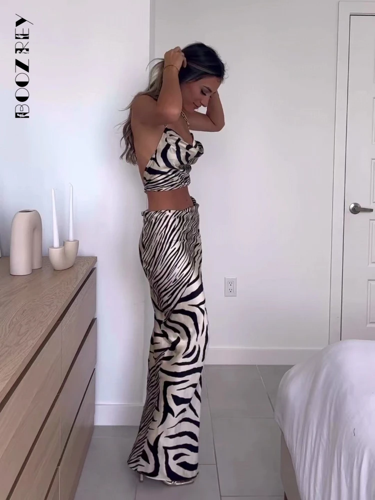 BoozRey 2023 Summer Fashion Zebra Print Tube Top Camisole and Slit Skirt Set Women Sleeveless Two Piece Set Bodycon Skirts Split