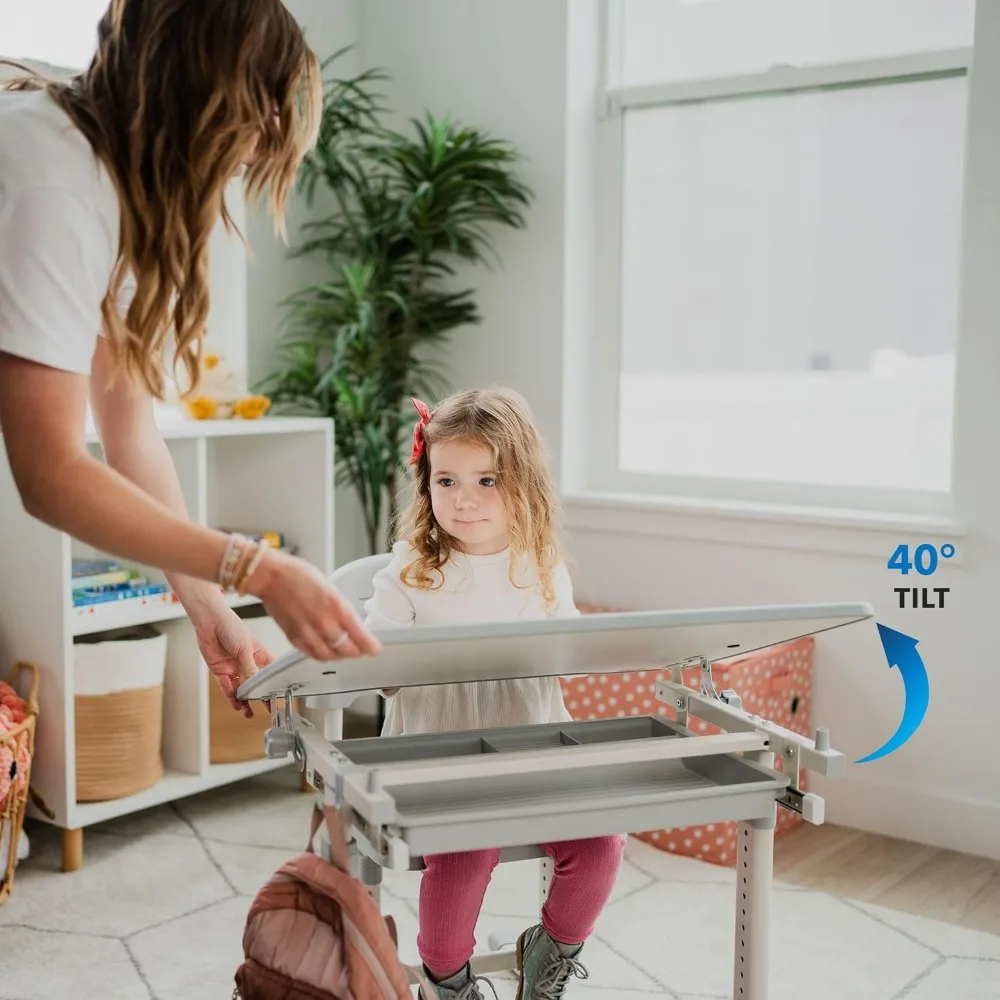 Mount-It! Kinderbureau-En Stoelset, In Hoogte Verstelbaar Ergonomisch Schoolwerkstation Voor Kinderen Met Opberglade, Grijs (Grijs)