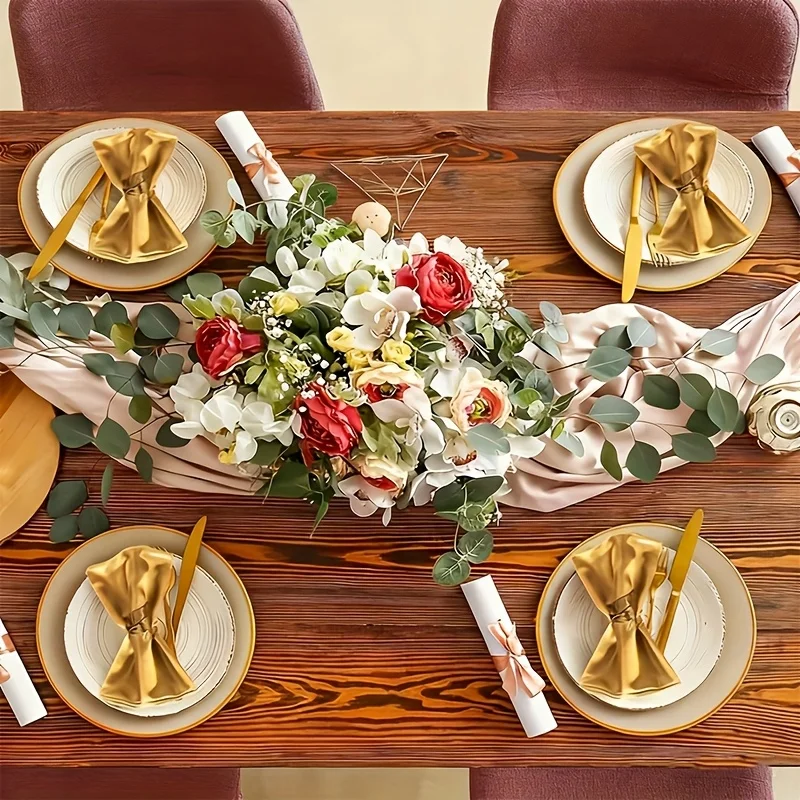 Set of 12: Includes 6 Napkin Rings Shaped Like Leaves And 6 Satin Cloth Napkins, Perfect for Elegant Table Decoration During