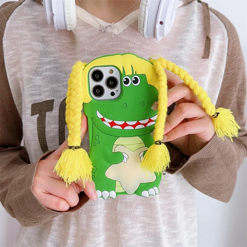 

Korean Super cute 3D Diy braid Star Dinosaur silicone phone case for iphone 11 12 13 14 15Pro Max Funny cartoon protection cover