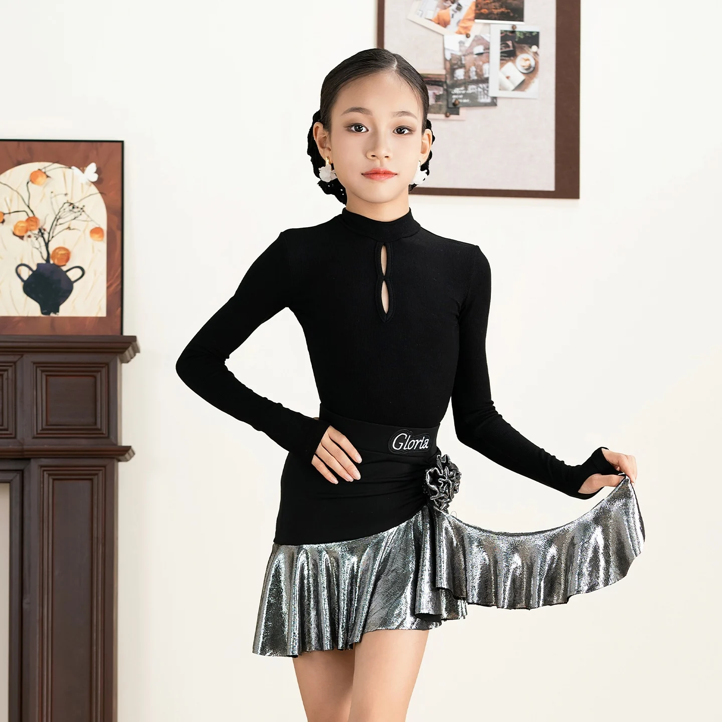 2025 Kinderen Latin Dansvoorstelling Kostuums Voor Meisjes Lange Mouwen Split Rokken Oefenpak Samba Chacha Latin Wear XH3405