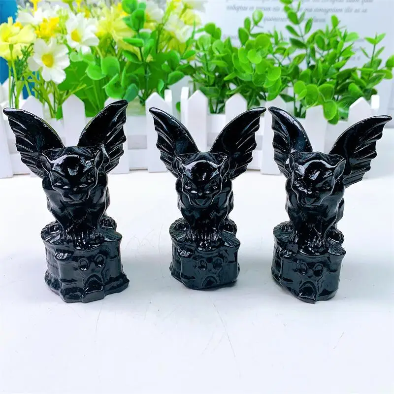 

10cm Natural Black Obsidian Gargoyle Hand Carved Polished Quartz Statue Healing Gemstones Crafts For Home Decorations 1pcs