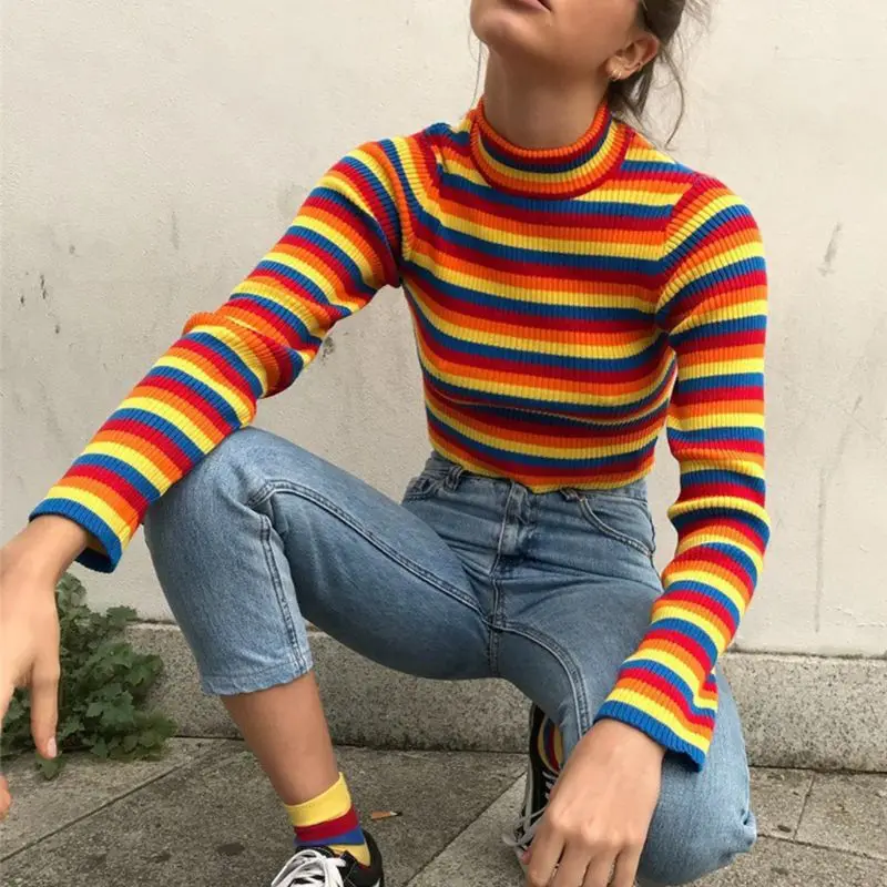 Womens Autumn Long Sleeve Turtleneck Sweater Colorful Rainbow Stripes Short Crop Dropship