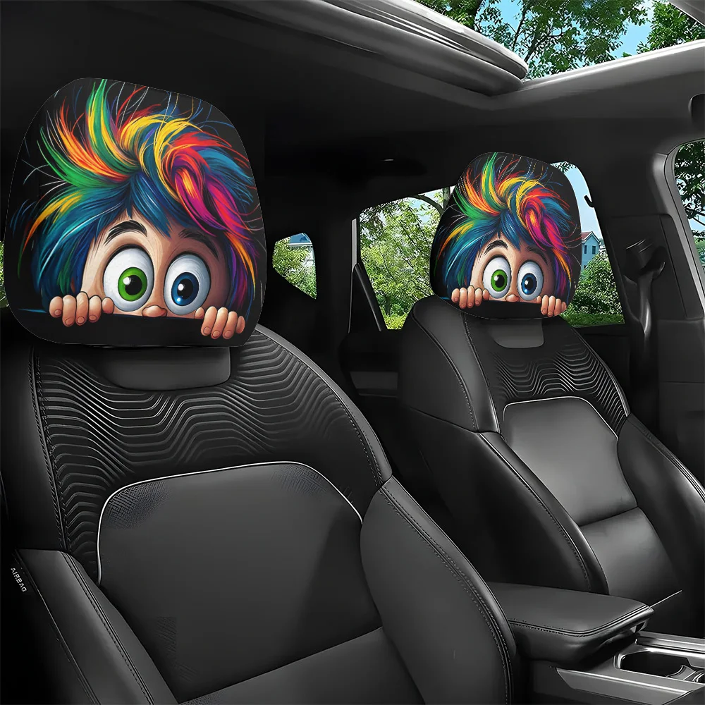 2Pcs Headrest Covers Car Funny 2Pcs Headrest Cover Funny Pack of 2 Colorful African Curly Hair Big Eyes Cute Fun Printed Car