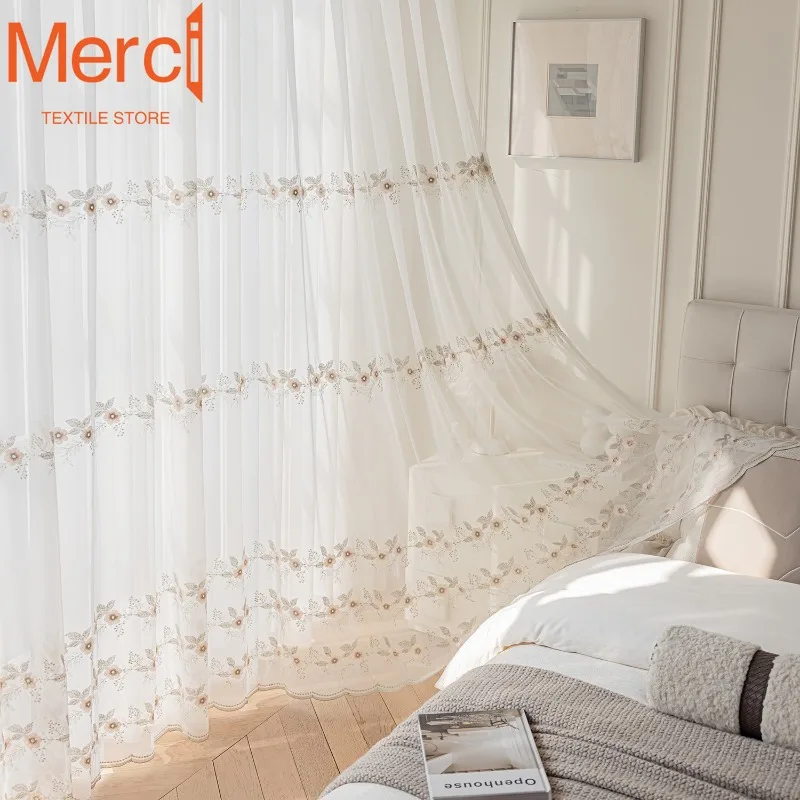 American Embroidered Flowers Tulle Curtains for Living Dining Room Bedroom Custom Size European Luxury Decoration Partition 창문커텐