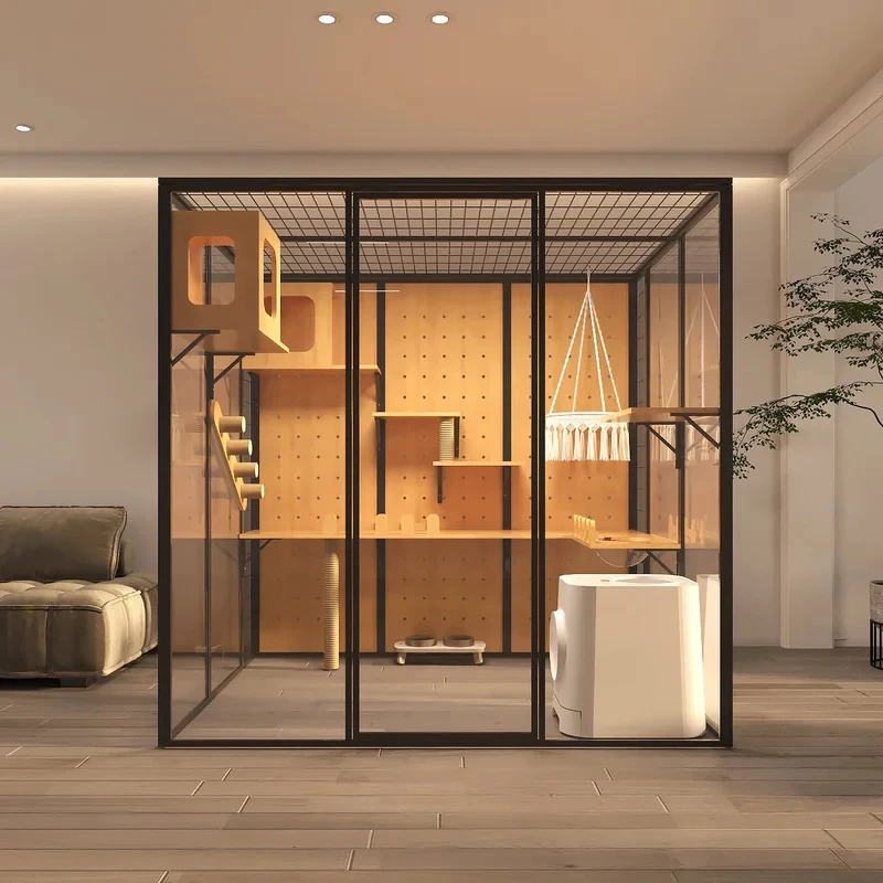Large Modern Cage with Spacious Glass Balcony Luxurious Indoor Pet Room and Cabinet House Nest