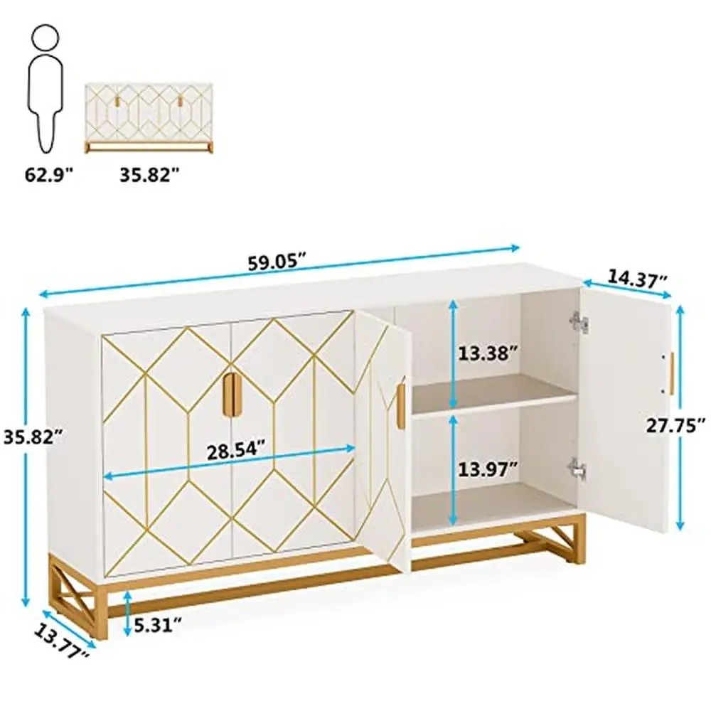 Living Room Storage Cabinet with Gold Metal Frame 4 Doors Modern Sideboard Buffets Cabinets White Metal Frame Organizers