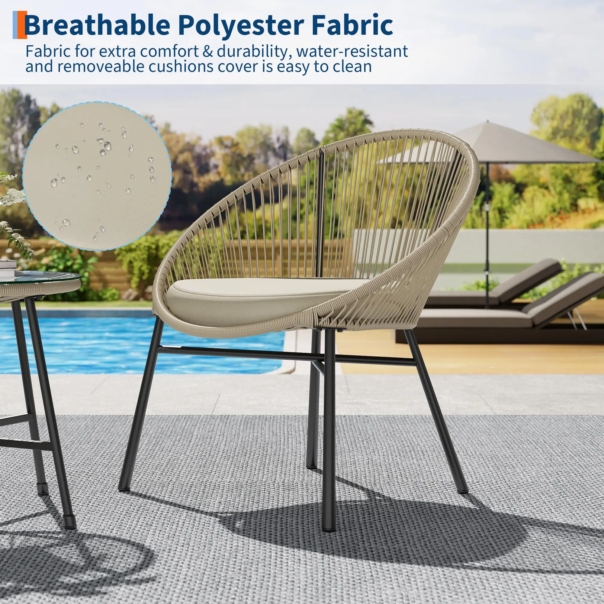 3 Pieces Outdoor Acapulco Chair Patio Bistro Set, All-Weather Acapulco Chairs with Glass Top Table, Modern Patio Conversation