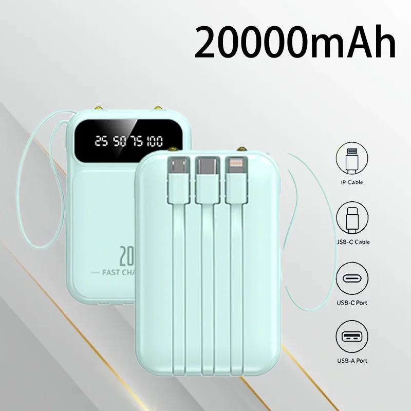 

Compact Lightweight Power Bank Built-in Cable 20000mAh High Capacity Portable Charger for Emergency Outdoor Travel Charging