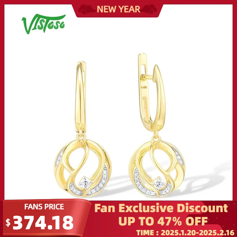 VISTOSO Gold Earrings For Women Pure 14K 585 Yellow Gold Sparkling Diamond Round Dangling Earrings Elegant Delicate Fine Jewelry