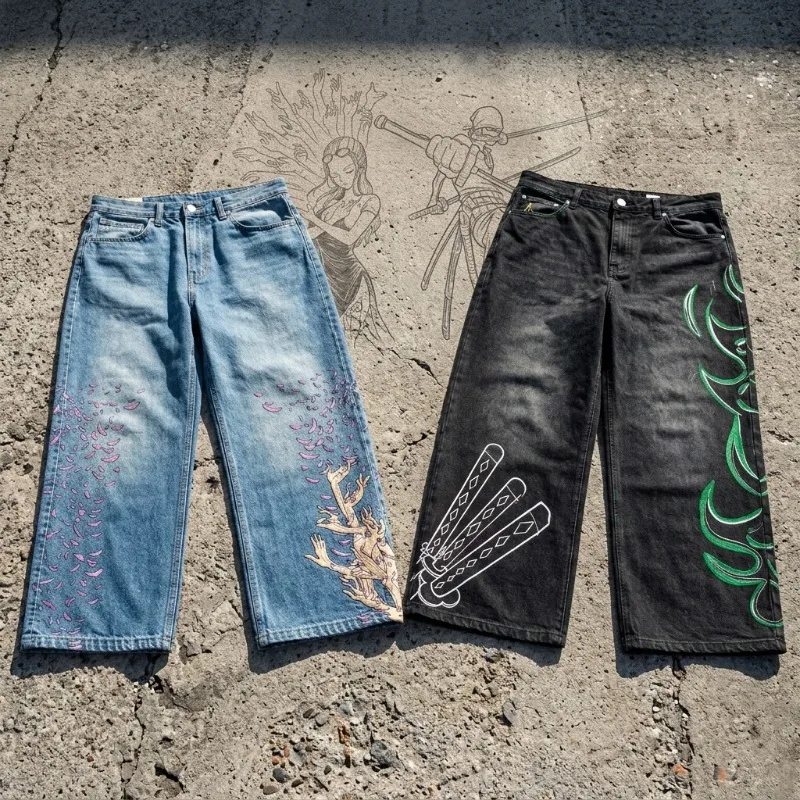 Calças Jeans Largas com Estampa de Anime para Homens, Streetwear Hip Hop, Calças de Denim Baggy Harajuku Y2K, Calças Retas Soltas Unissex