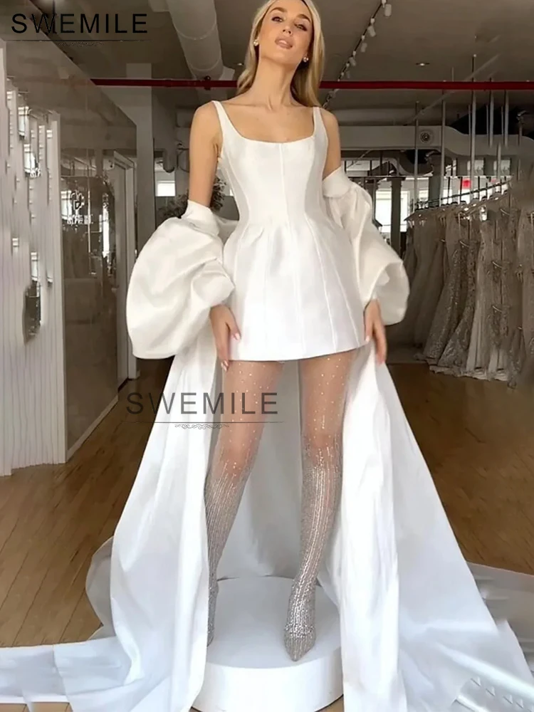 

SWEMILE Elegant Mini Prom Dresses 2025 White Shawl Short Wedding Party Gowns Satin Straps Puff Sleeves Evening Dress Customized