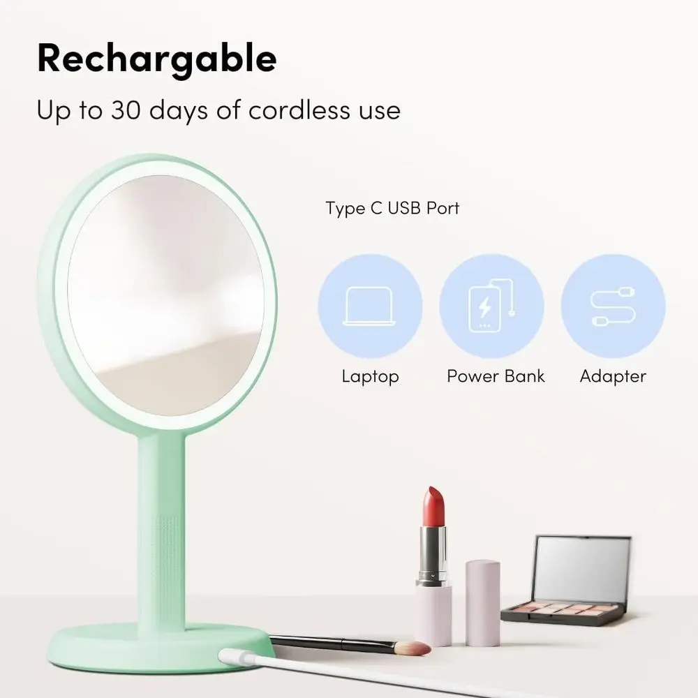 Miroir de maquillage LED portable, rechargeable, XL, grossissement 5X/1X, lumière 3 couleurs, portable ou vanité, pistache