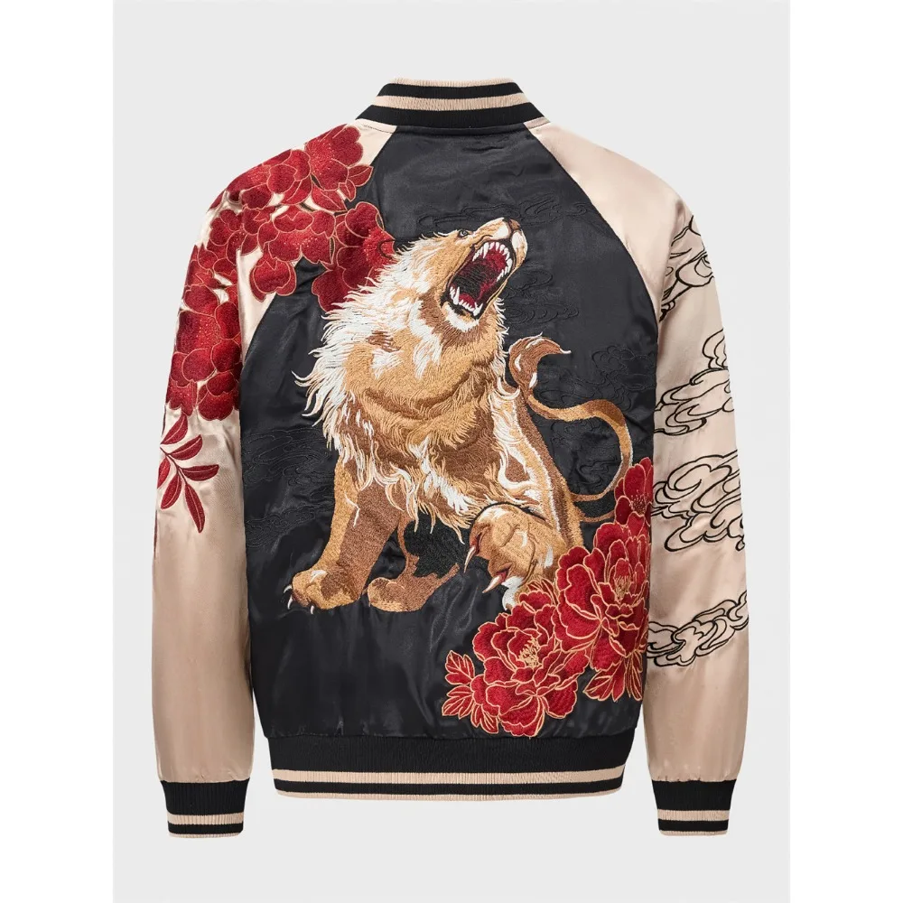 

Fashion Streetwear Men's Harajuku Anime Lion Flower Embroidered Zipper Jacket Japanese Baseball Coat Bomber Jacket Clothing