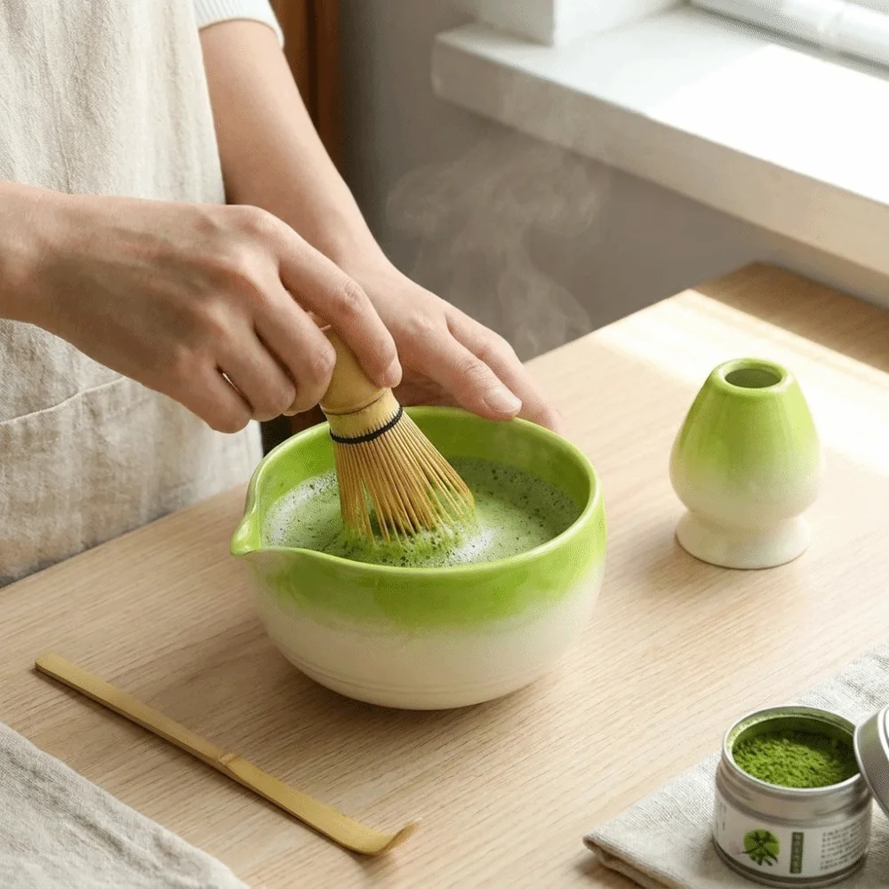 

Traditional Ceramic Matcha Bowl with Pouring Spout Handmade Matcha Making Kit Gradient Color Tea Strainer Matcha Whisk Set