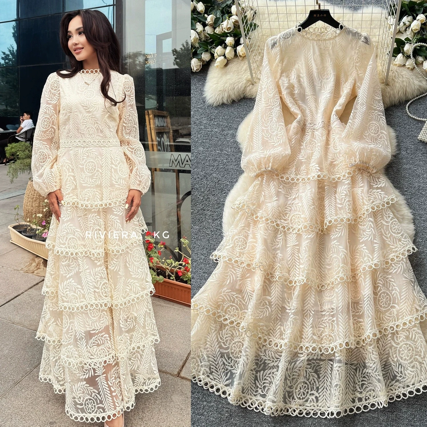 

Vintage Holiday Lace Hollow Out Prom Dress Women Summer Autumn Long Puff Sleeve Embroidery Evening Party Cake Robe Maxi Vestidos