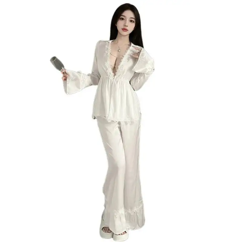 Hochwertiges, französisches Spitzen-Hausanzug-Set im Pure-Dessire-Stil, sexy Pyjama für Damen, Sommer, tiefer V-Ausschnitt, Eisseidenanzug, lässiger Pure-Dessire-Anzug OK7R