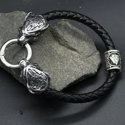 Viking Rune Valknut Bead Bracelet Men's Stainless Steel Wolf Head Bear claw Punk leather Bracelets Biker Jewelry With Gift Bag