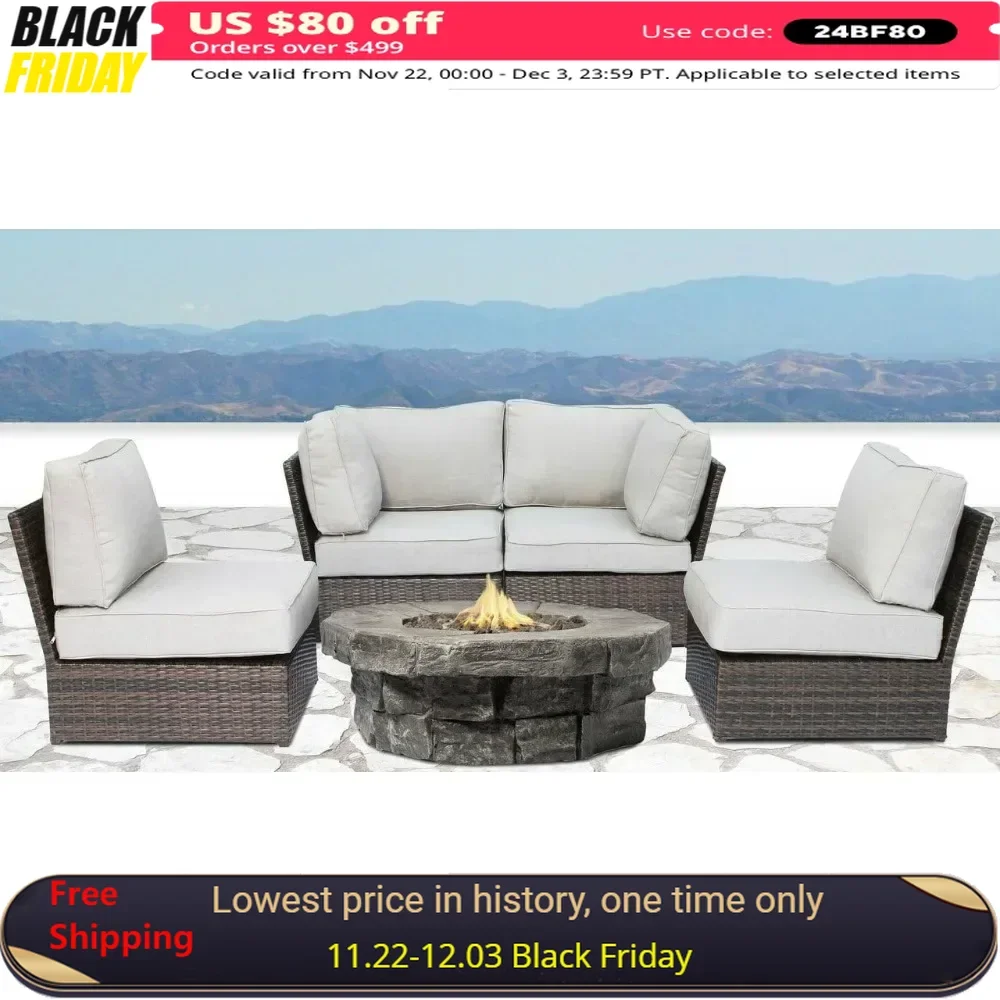 

5 PieceFire Pit Set collection Wicker Patio Resort Grade Furniture Sofa Set, With Fireseat, Cup Table and Back Cushions