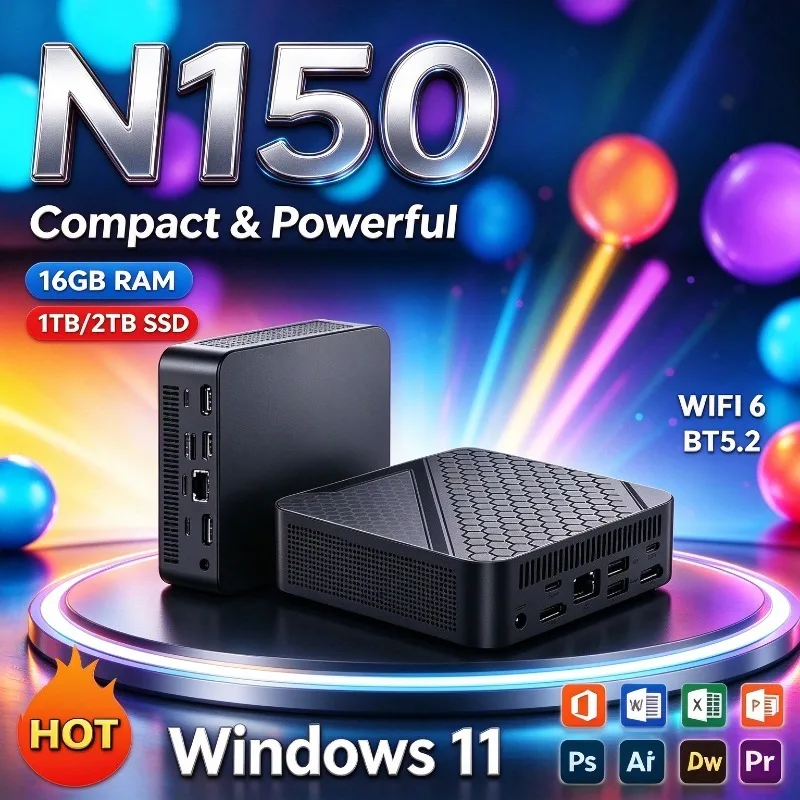 N150 Compact Mini PC Honeycomb Heat Dissipation Multiple Interfaces Space Saving Portable Desktop Computer for Office Home