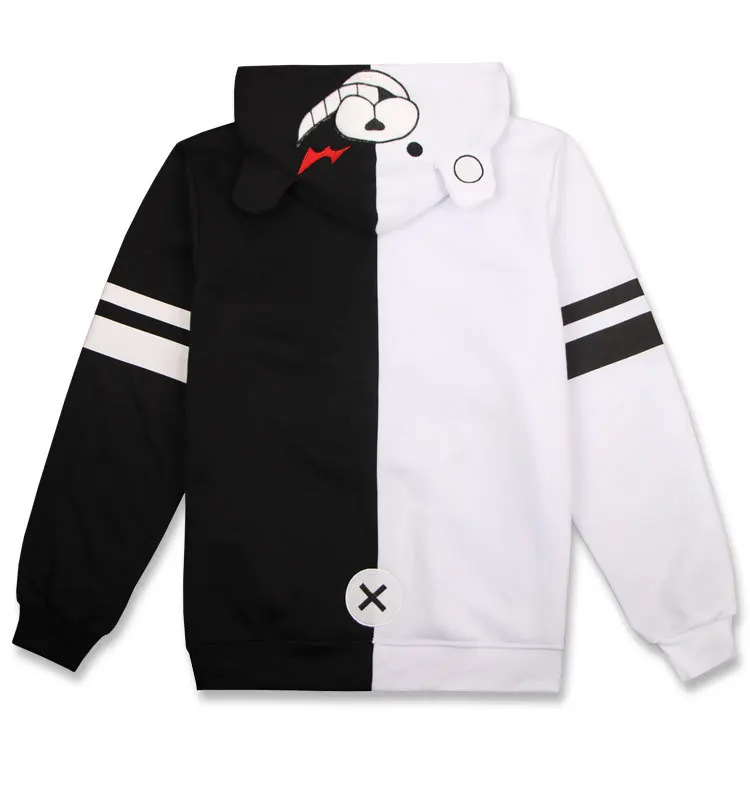 Danganronpa Monokuma Cosplay Costume Unisex Hoodie Sweatshirt Black and White Pachwork Embroidery Bear Cotton Pullover Hooded