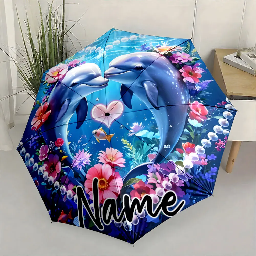 Custom Name Ocean Romance: Dolphin and Floral Umbrella 8 Iron Ribs Folding Umbrella Auto-Open Fashionable Sunshade Deluxe Gift