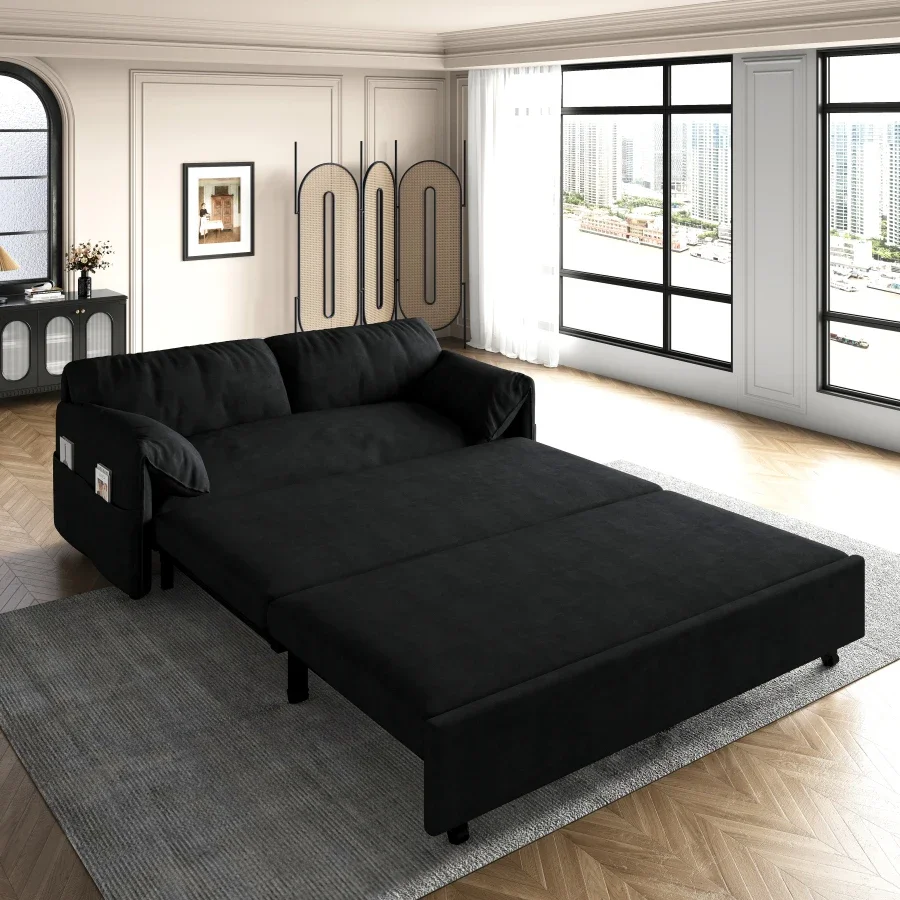 Pull Out Sofa Bed, Convertible Sleeper Sofa with Side Storage, Multi-Functional Velvet Loveseat Bed