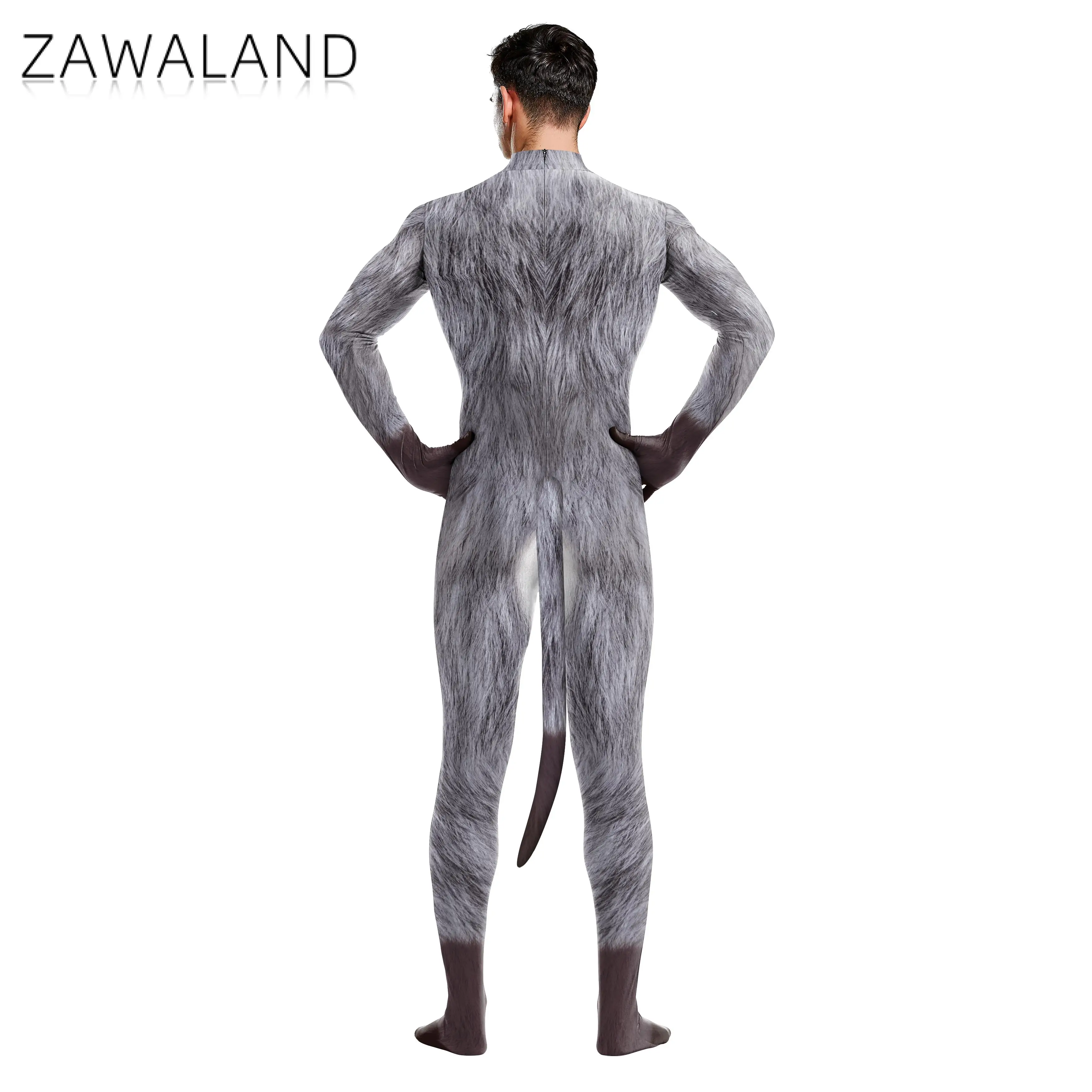 Zawaland Paar Kostuums Bodysuit 3d Print Wolf Met Staart Cosplay Catsuit Jumpsuit Dierenkleding Volwassen Vrouwen Outfits Zentai