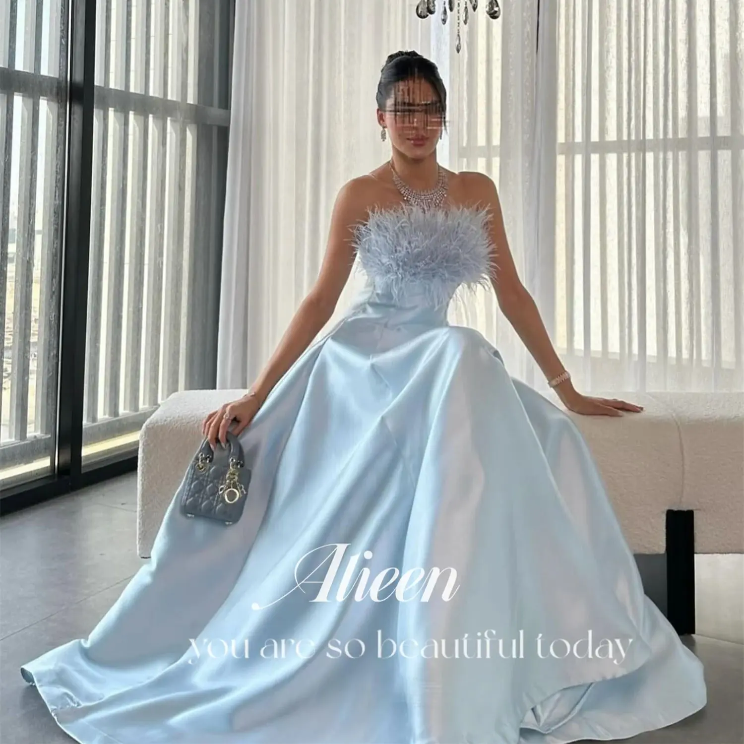 

Aileen Feather Customized Sky Blue Satin Women's Long Evening Dress on Offer Ball Gowns Graduation Dresses for Formal Occasions