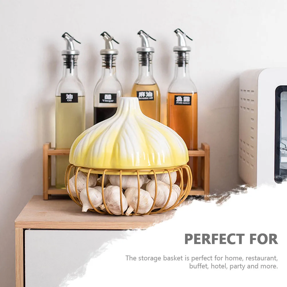 

Household Garlic Basket Multi-Function Iron Ceramic Storage Organizer Egg Holder Kitchen Countertop Accessory Garlic Holder