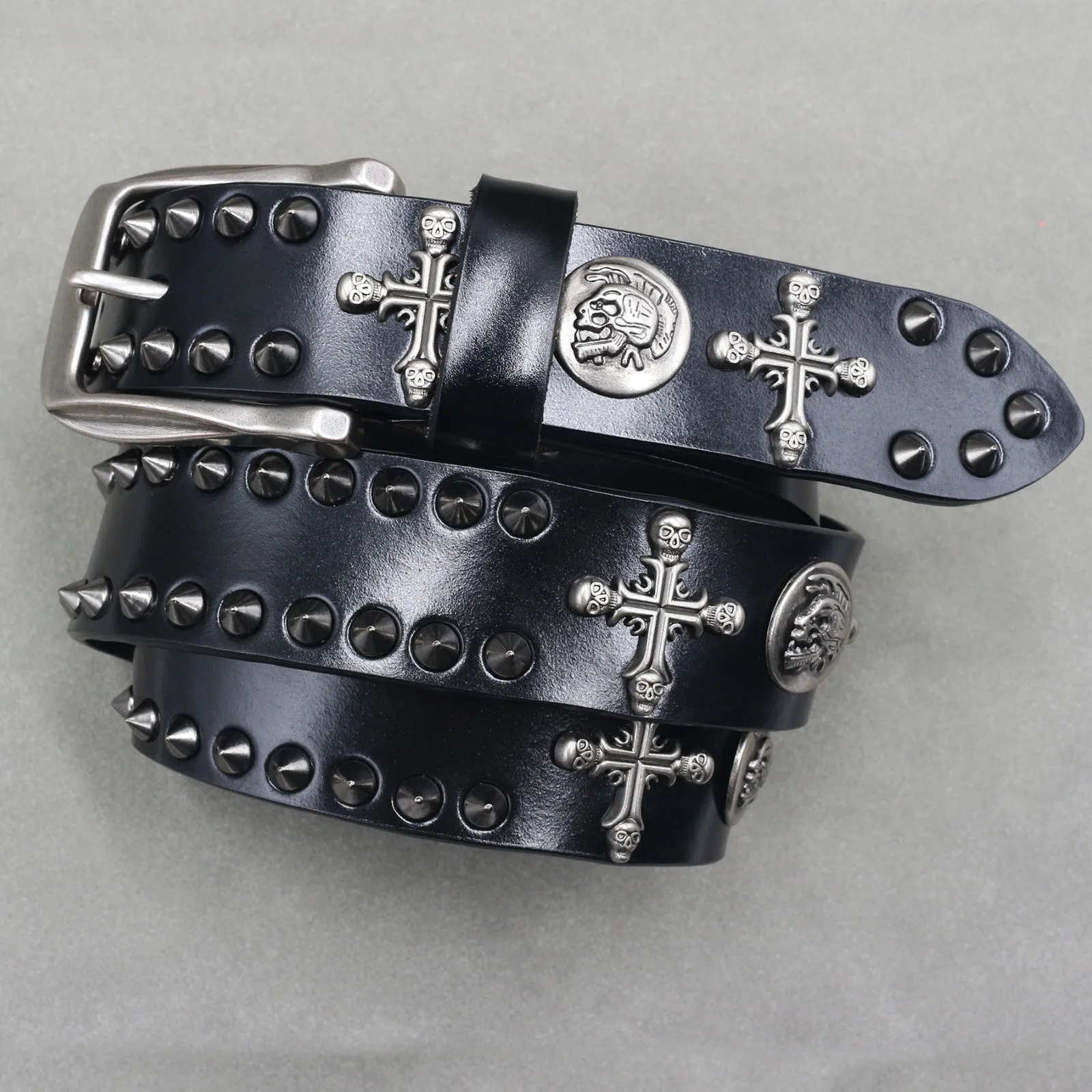 Cinturón vaquero con remaches de Metal para Hombre, cinturón de piel de vaca de cuero auténtico, cinturones vaqueros con remaches Punk para Hombre, Cinturones para Hombre