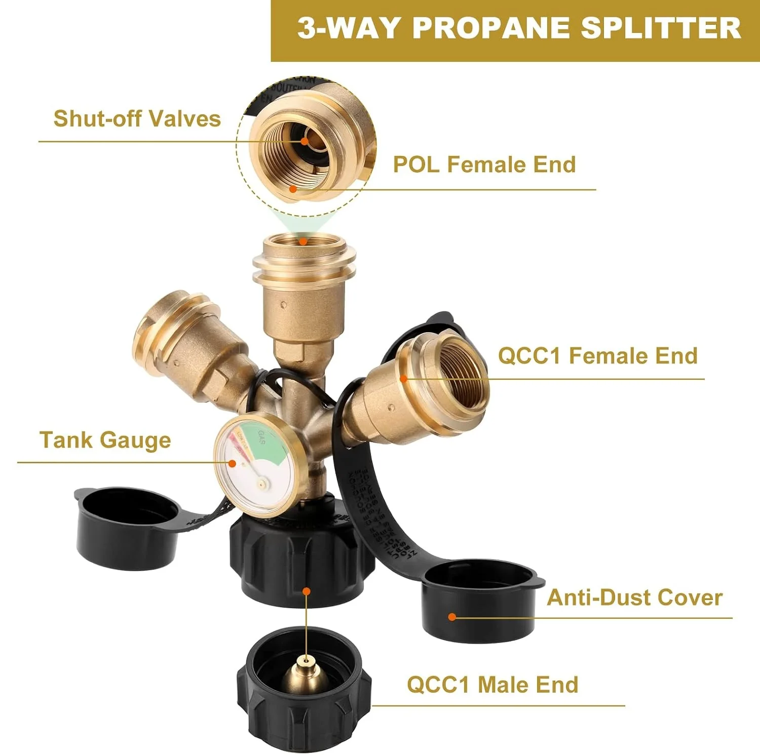 Solid Brass 3-Way QCC1/Type1 Propane Tank Splitter Luminous Gauge and Shut-Off Valve for Grills Camping Stoves Heater RV Camper