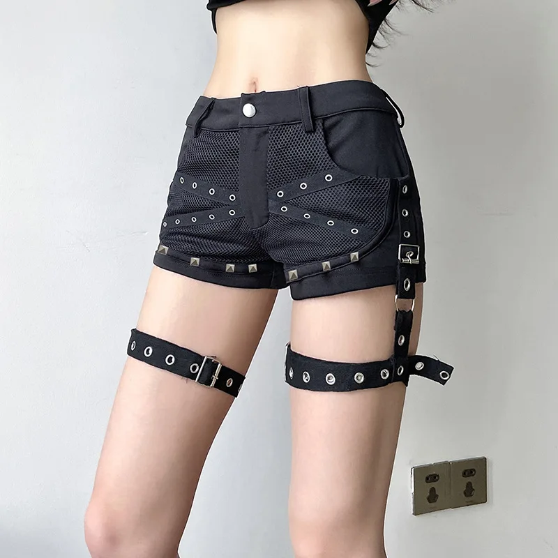 Dark Gothic Mesh Patchwork Sexy Low Rise Black Denim Shorts Women Tie Side Slim Fit Hot Pants