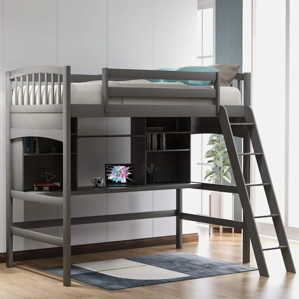 

Bed Desk and 4 Storage Shelves, Loft Bed Twin Size PowerOutlet and LED Lighted, Safety Guard Ladder, muti-functional loft bed