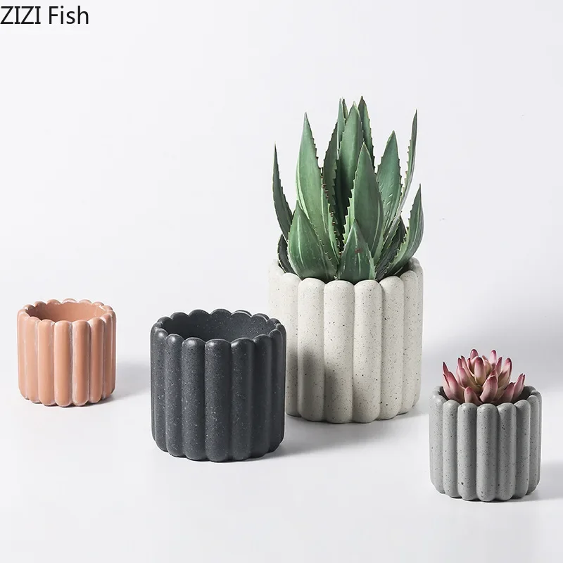 Ceramic Cement Flowerpot Frosted Geometric Stone Pattern Flower Vase Growing Bonsai Succulents with Holes Indoor Planter