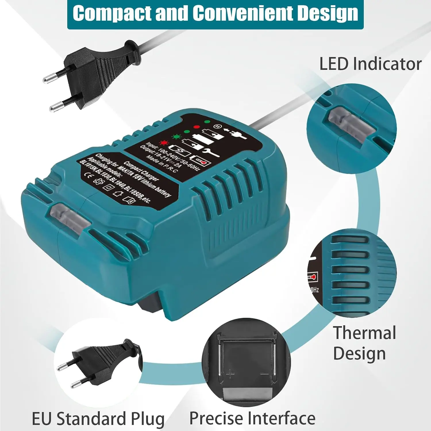 Мини-зарядное устройство для литиевых батарей Makita 18 В BL1850 BL1820 BL1815, портативное зарядное устройство для использования на автомобильном