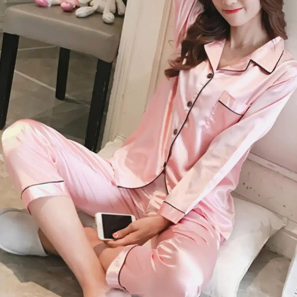 Women Silk Satin Pajamas Long Sleeve Shirt Pants Pajama Set Pijama Lady Loungewear Sexy Sleepwear Loungewear Conjuntos De Pijama