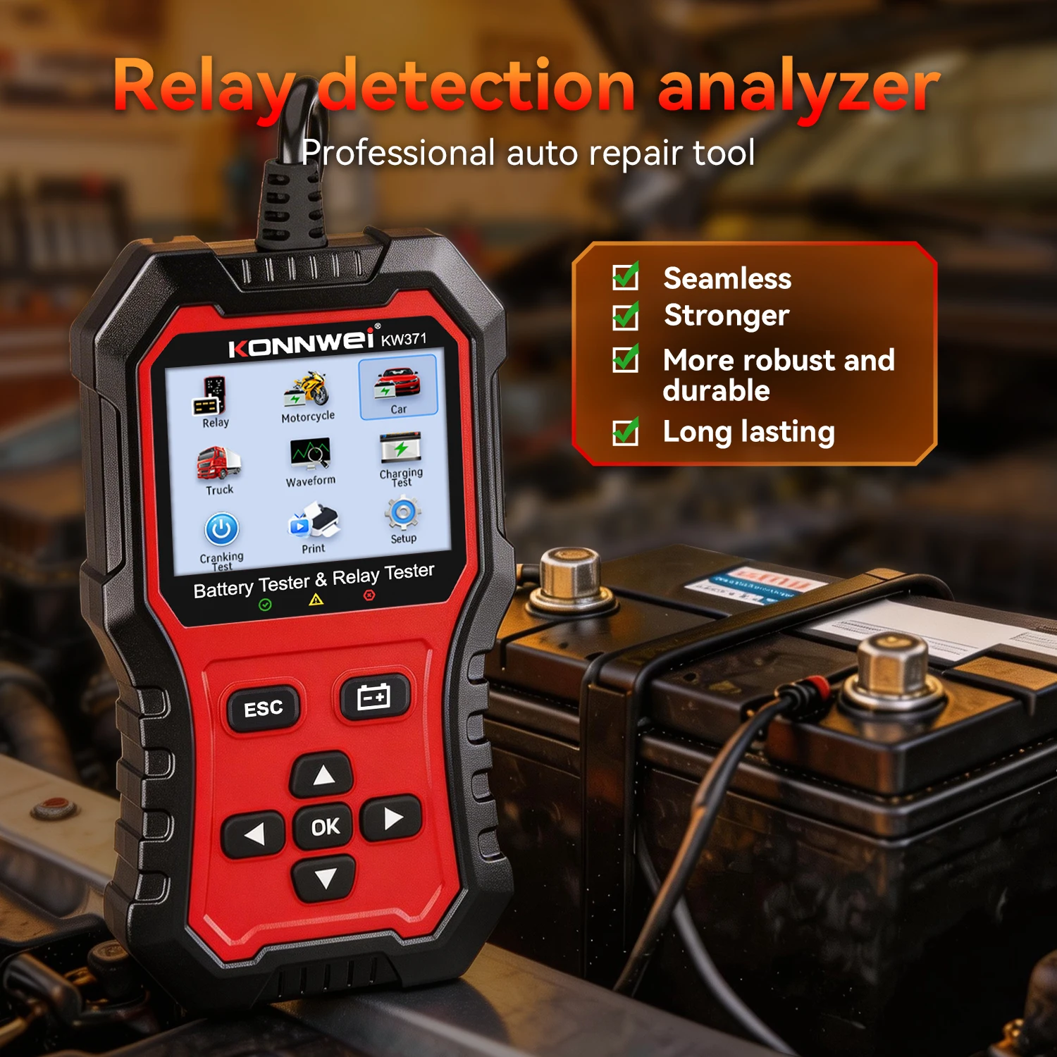 KONNWEI KW371 2in1 Car Battery Tester & 4 Pin 5 Pin Relay Tester 6V 12V 24V Fault Data Print Start Test Charging Scan Tool