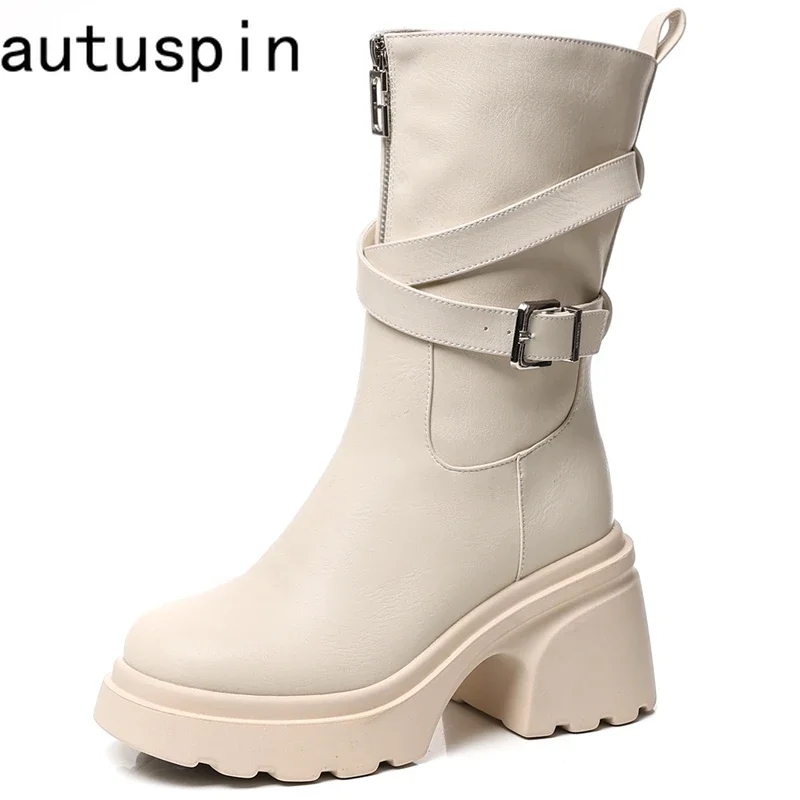 

AUTUSPIN Ins Women Mid-calf Boots Autumn Winter Genuine Leather Thick High Heels Motorcycle Boots Fashion Platforms Hiking Boots