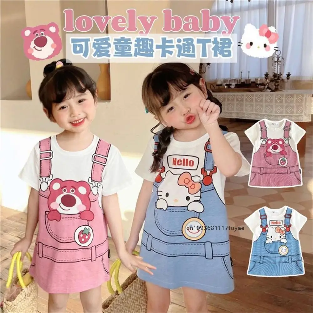 Sanrios Children's Dress T-Shirt Skirt Hellokitty Cute Kawaii Print Loose Short Sleeve Cartoon Fashion Anime Summer Sweet Skirt