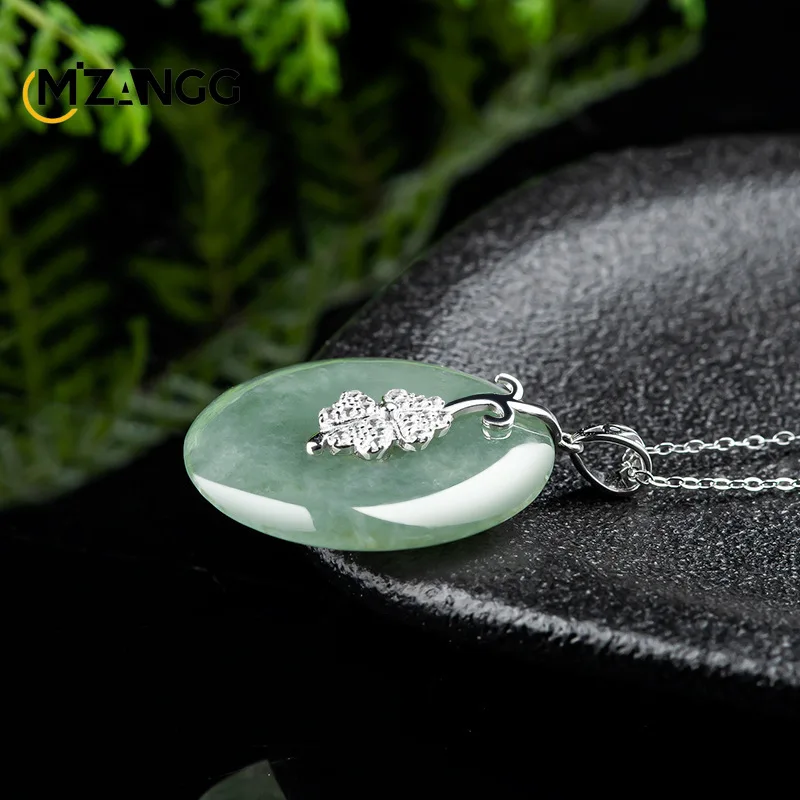 S925 Silver Inlaid with Natural Jadeite Peace Buckle Ice Pendant Exquisite Fashion Lady Collarbone Chain Necklace Holiday Gift