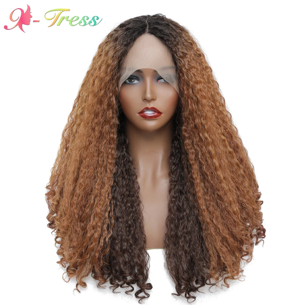 

X-TRESS Synthetic Lace Front Wigs for Black Women Ombre Brown Afro Kinky Curly Fluffy Hairstyles Middle Part Lace Wig Daily Use