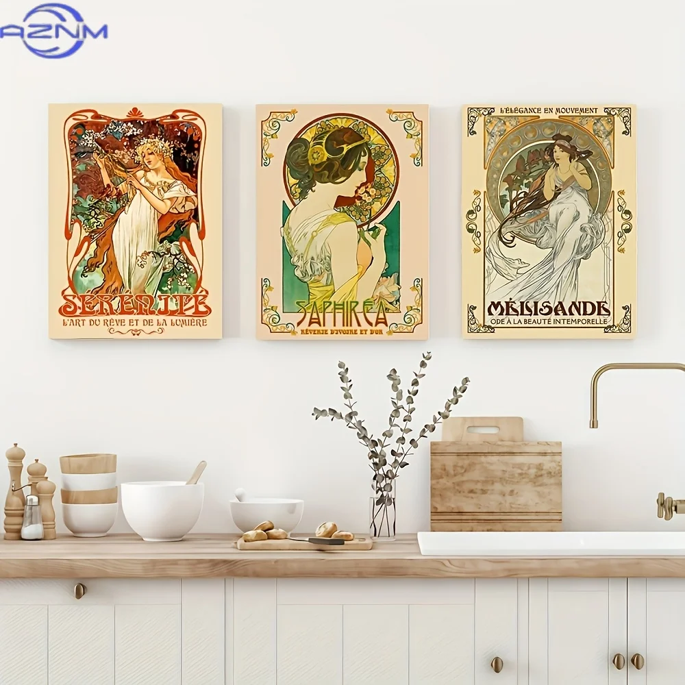 3pcs 3pcs French Mucha Style Female Figure - Frameless Canvas Posters Suitable for Living Room Decor, Modern Classic Suitable f - view 2
