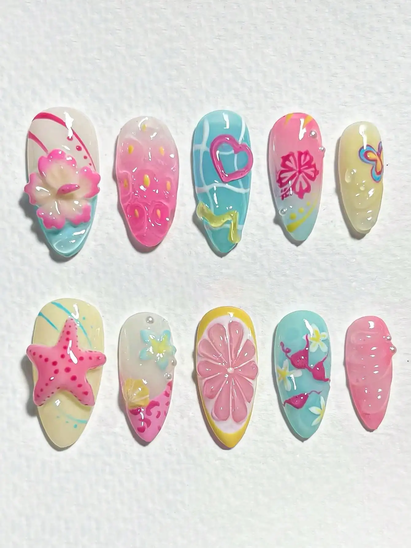 10pcs French Ombre Green 3D Floral Ripple Decor Rhinestone Butterfly Design Y2K Fresh Glossy Full Cover Fake Nails, Suitable For Spring Daily Wear
